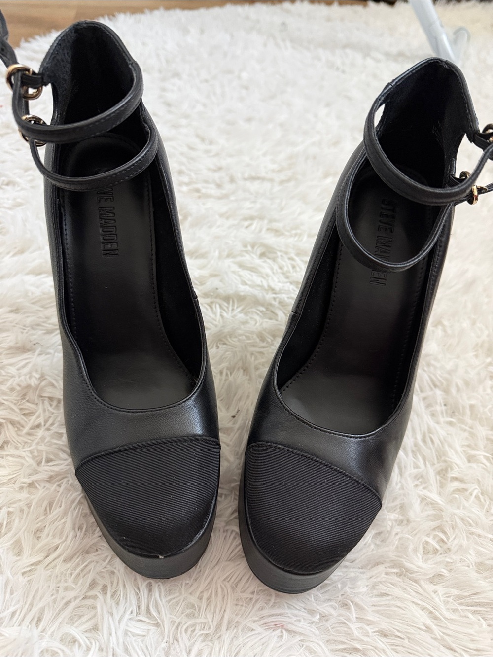 Steve Madden Black Platform Ankle-Strap Pumps with Fabric Toe